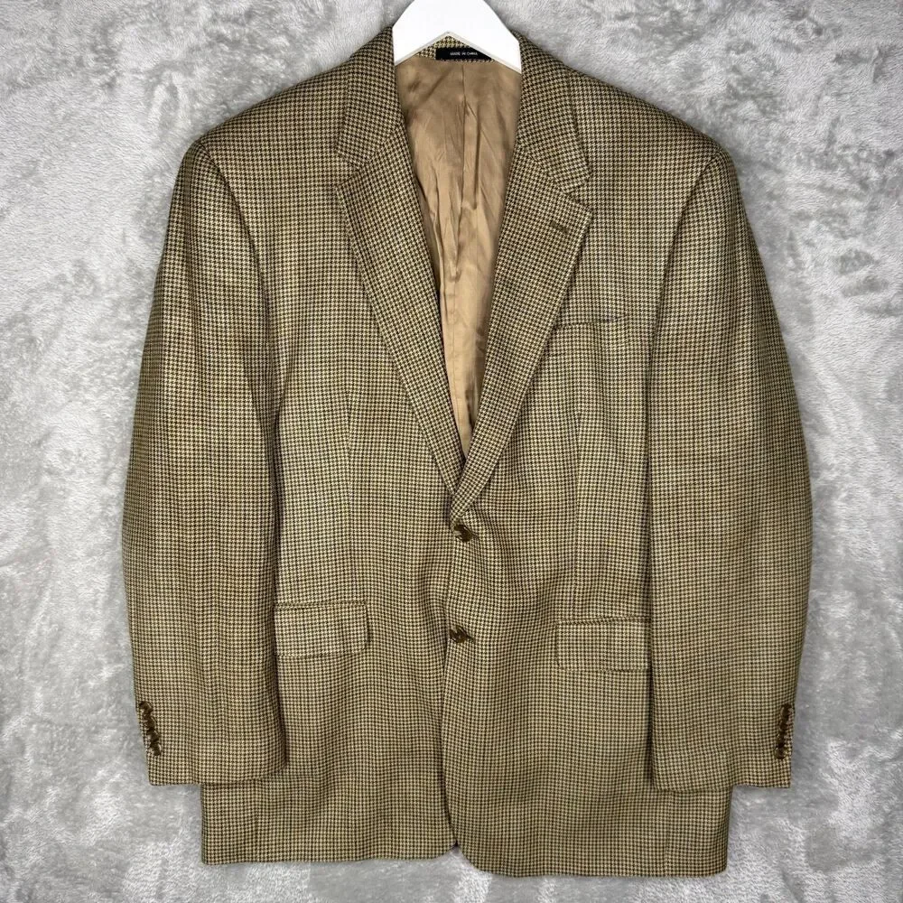 Chaps Silk Blazer Mens 42 L Regular Brown Tan Houndstooth 2 Button Single Vented
